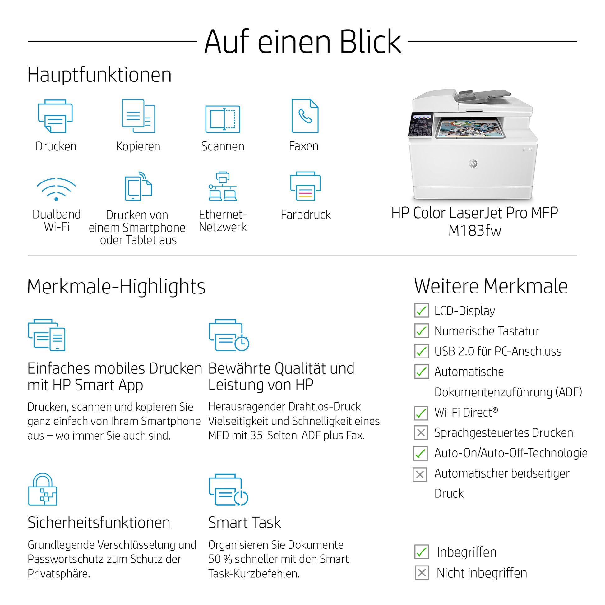 HP Color LaserJet Pro M183fw – Farbiges Laser-MFP A4, 4-in-1 – USB/LAN – ADF – 16 ppm S/W, 16 ppm Farbe