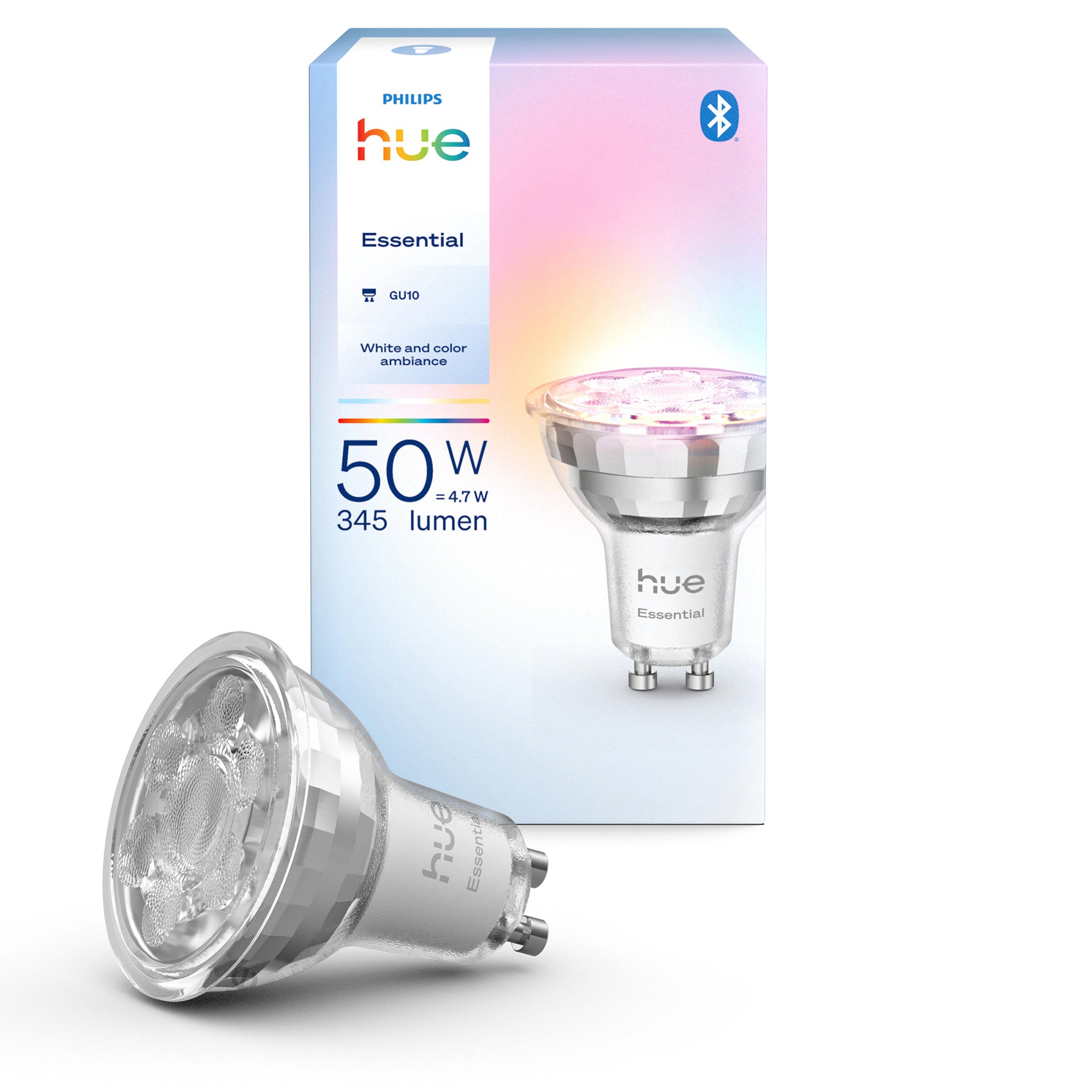 Philips Hue Essential White & Colour LED-Leuchtmittel GU10 – 4,7 W, 345 lm, mehrfarbig, für Bluetooth und iOS