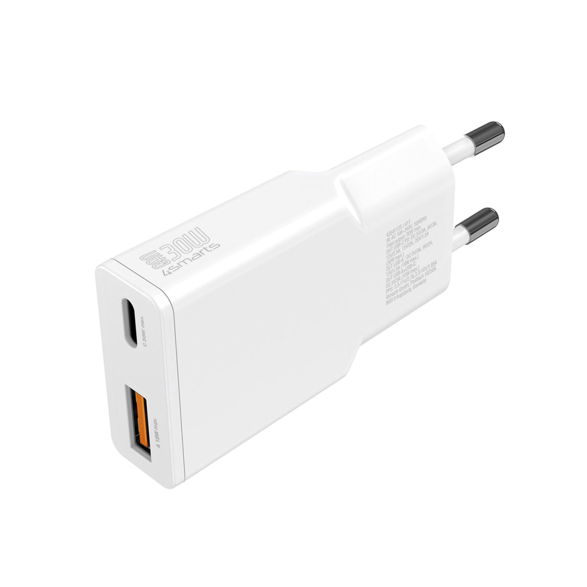 4smarts PDPlug Slim Duos USB-Ladegerät 30 W – USB-C×1, USB-A×1 – PD 3.0, PPS, GaN – EU-Stecker (Typ C) – Weiss