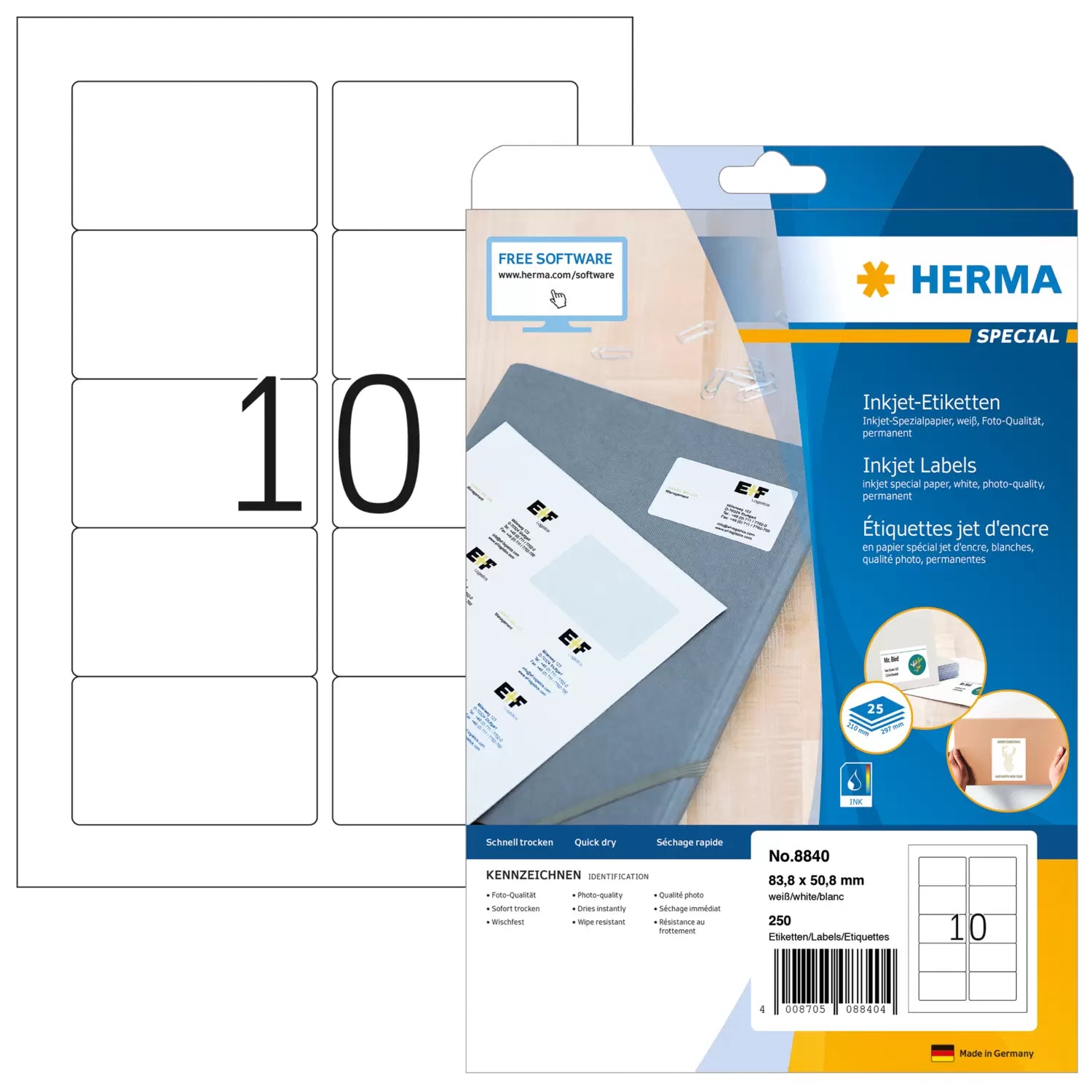 HERMA Adressetiketten, 84 mm × 51 mm, weiss, Papier, permanent, 25 Blatt (250 Etiketten)