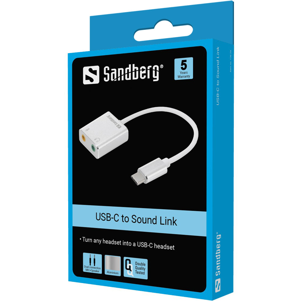 Sandberg USB Adapter zu 3,5 mm – 1× Kopfhörer, Mikrofon-Eingang – Silber/Weiss