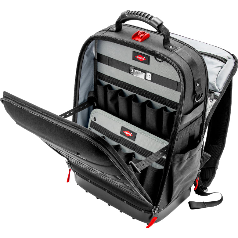 Knipex Modular X18 Werkzeugrucksack – leer, mit Schultergurt, schwarz/rot, B 340 × H 530 × T 210 mm