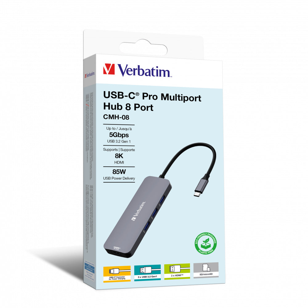 Verbatim CMH-08 Multiport-Adapter – USB-C, 2× HDMI, 3× USB-A, 100 W PD, SD/microSD, für Windows/Mac/ChromeOS
