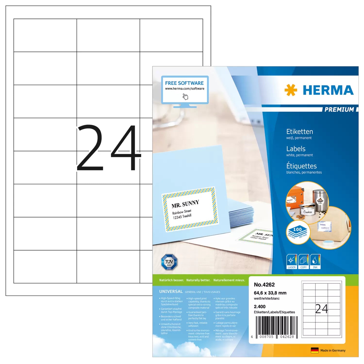 HERMA Etiketten (Bogen), 65 mm × 34 mm, weiss, Papier, permanent, 100 Blatt