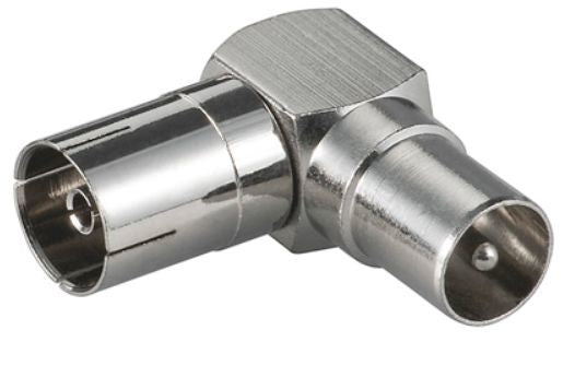Microconnect Koaxialadapter Koax zu Koax (M → F) – gewinkelt, Metallgehäuse, Silber