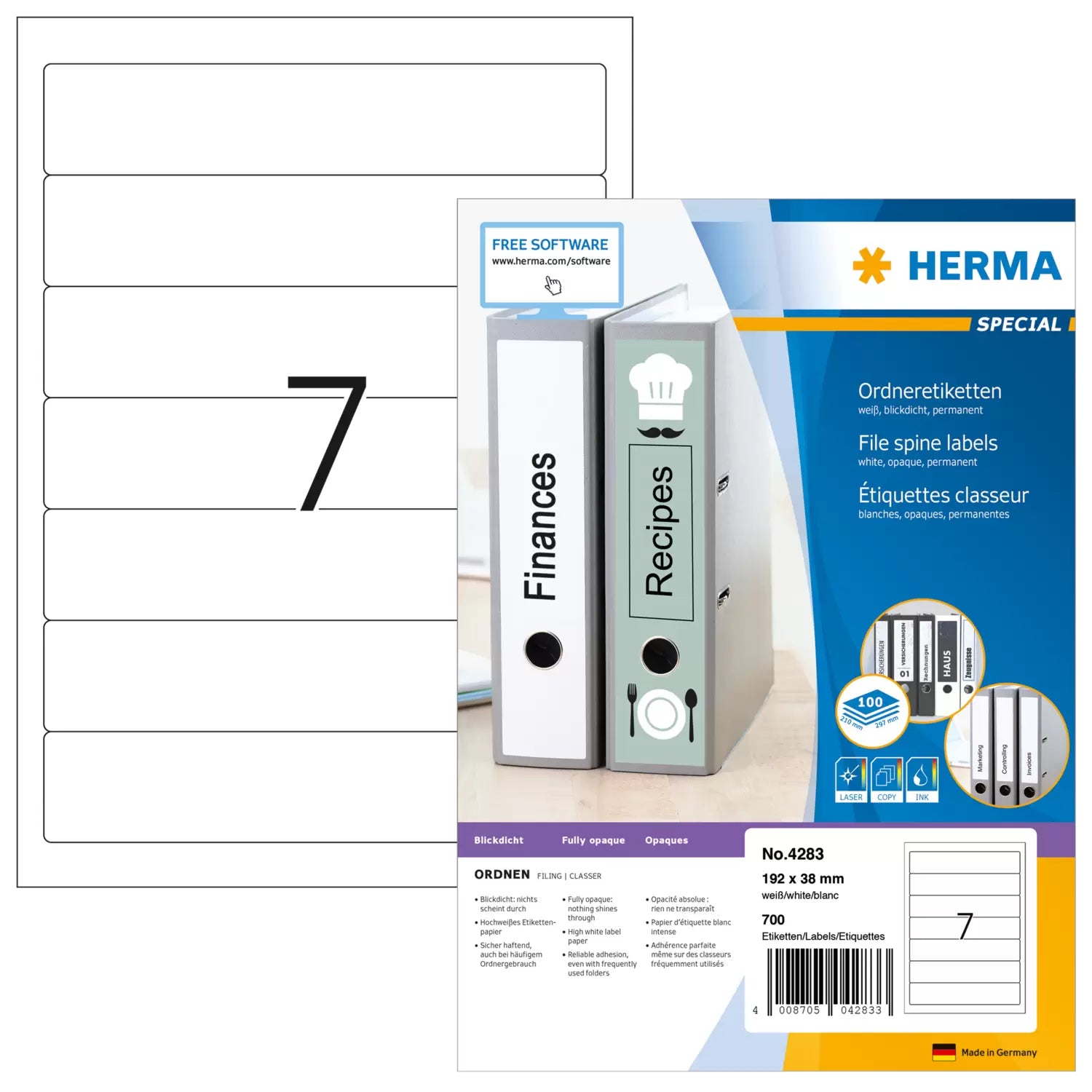 HERMA Druckeretiketten, 192 mm × 38 mm, weiss, Papier, permanent, Packung 100 Blatt (700 Etiketten)