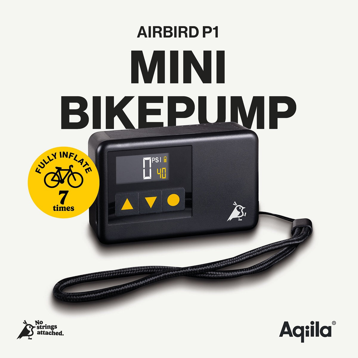 Aqiila Airbird P1 Tragbarer Kompressor – 8,3 bar / 120 PSI – Akku, USB-C – Schlauch & Adapter