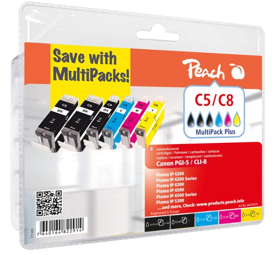 Peach Tintenpatronen-Multipack, 6er-Pack, kompatibel – für Canon Pixma iP 4200, MP 600, MP 800 und andere