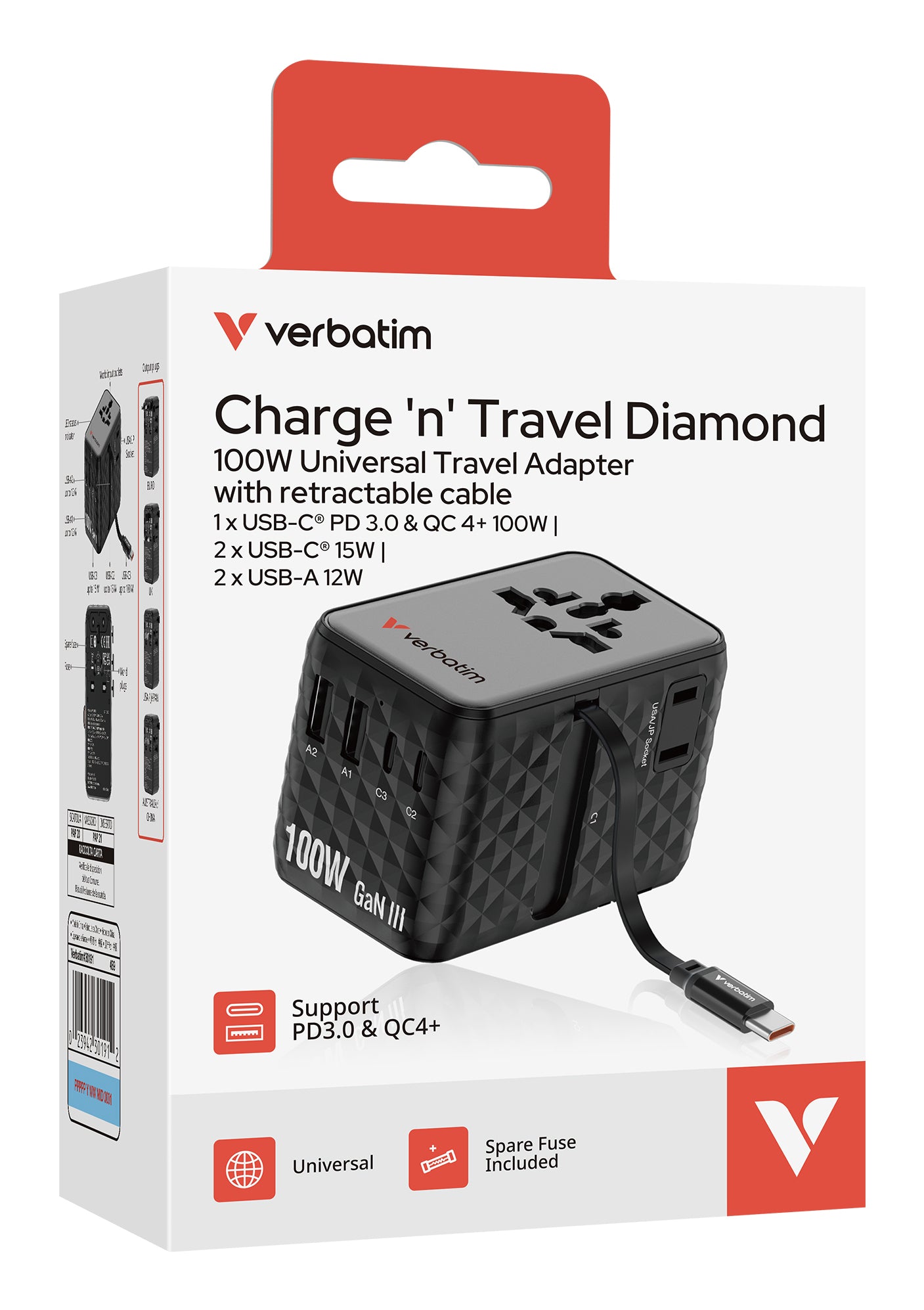Verbatim Charge 'n' Travel Ladegerät – 100 W, mit einziehbarem Kabel