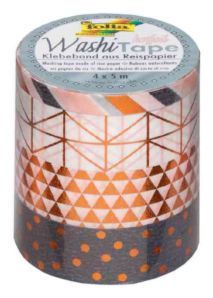 Folia Washi-Tape-Set – sortiert, kupfer – 4 Rollen (1 × 5 mm × 5 m, 3 × 15 mm × 5 m)