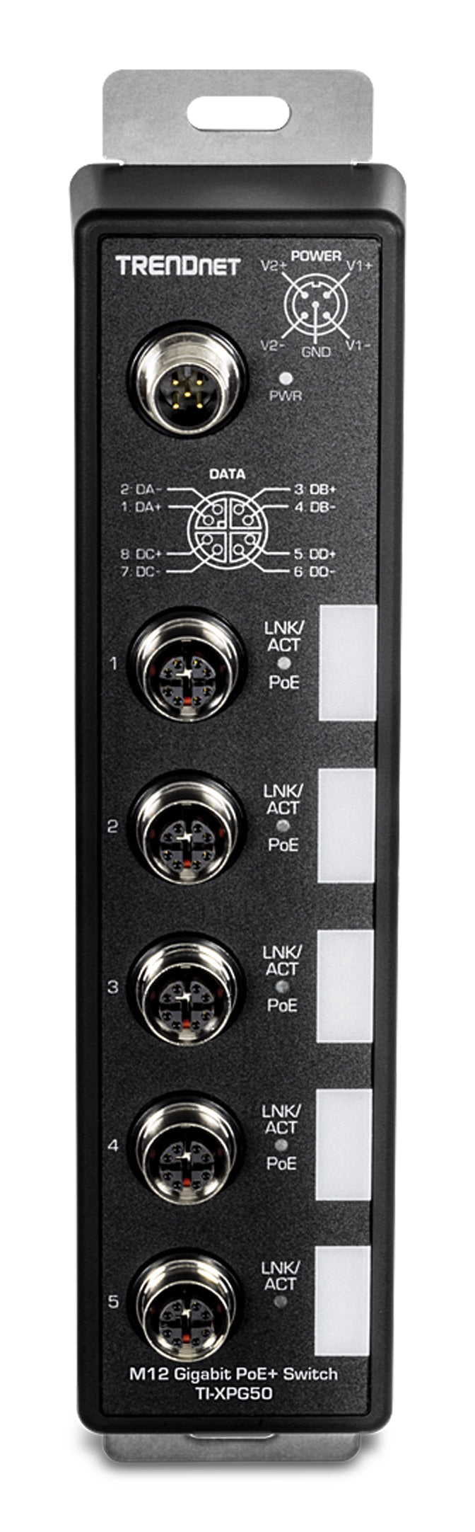 TRENDnet TI-XPG50 – Unmanaged EN50155 Switch – 4× M12 1G PoE+, 1× M12 1G, PoE-Budget 120 W, IP67
