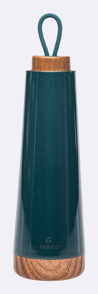 BioLoco Loop Isolierflasche 500 ml – doppelwandig 18 h heiss/12 h kalt, Edelstahl, Holzdeckel, Petrol