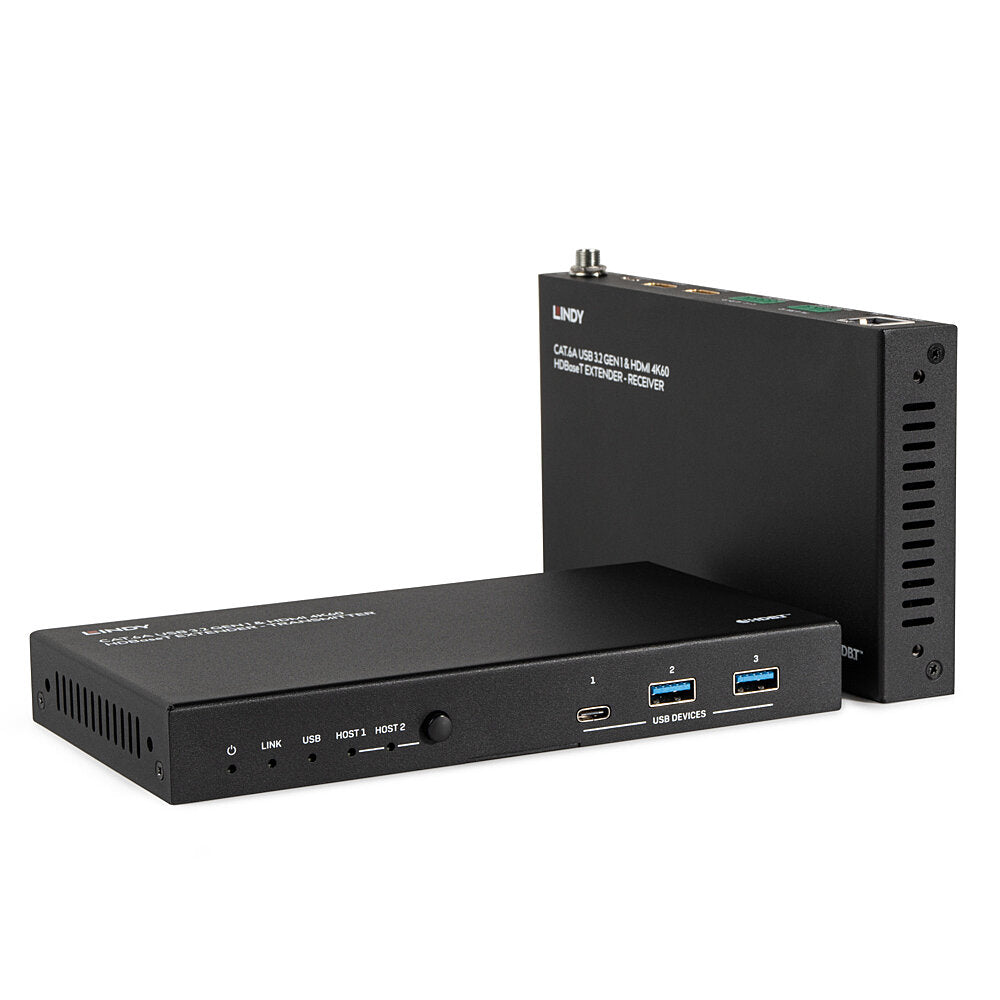 Lindy 39365 – HDBaseT Extender-Set, über Cat6a, USB 3.2 Gen 1 4×/2×, RJ-45 1×/1×, 100 m, PoE