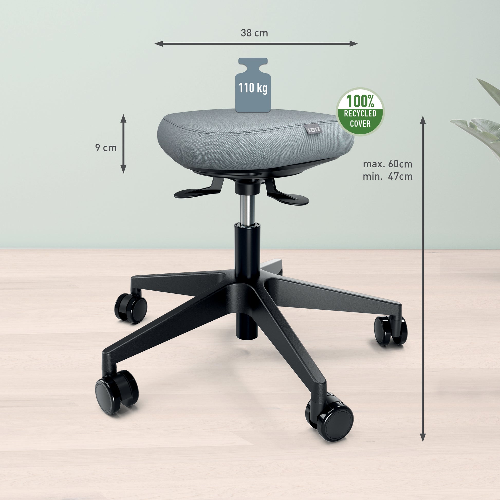Leitz Hocker Ergo Active – Sitzhöhe 47–60 cm, 110 kg, hellgrau