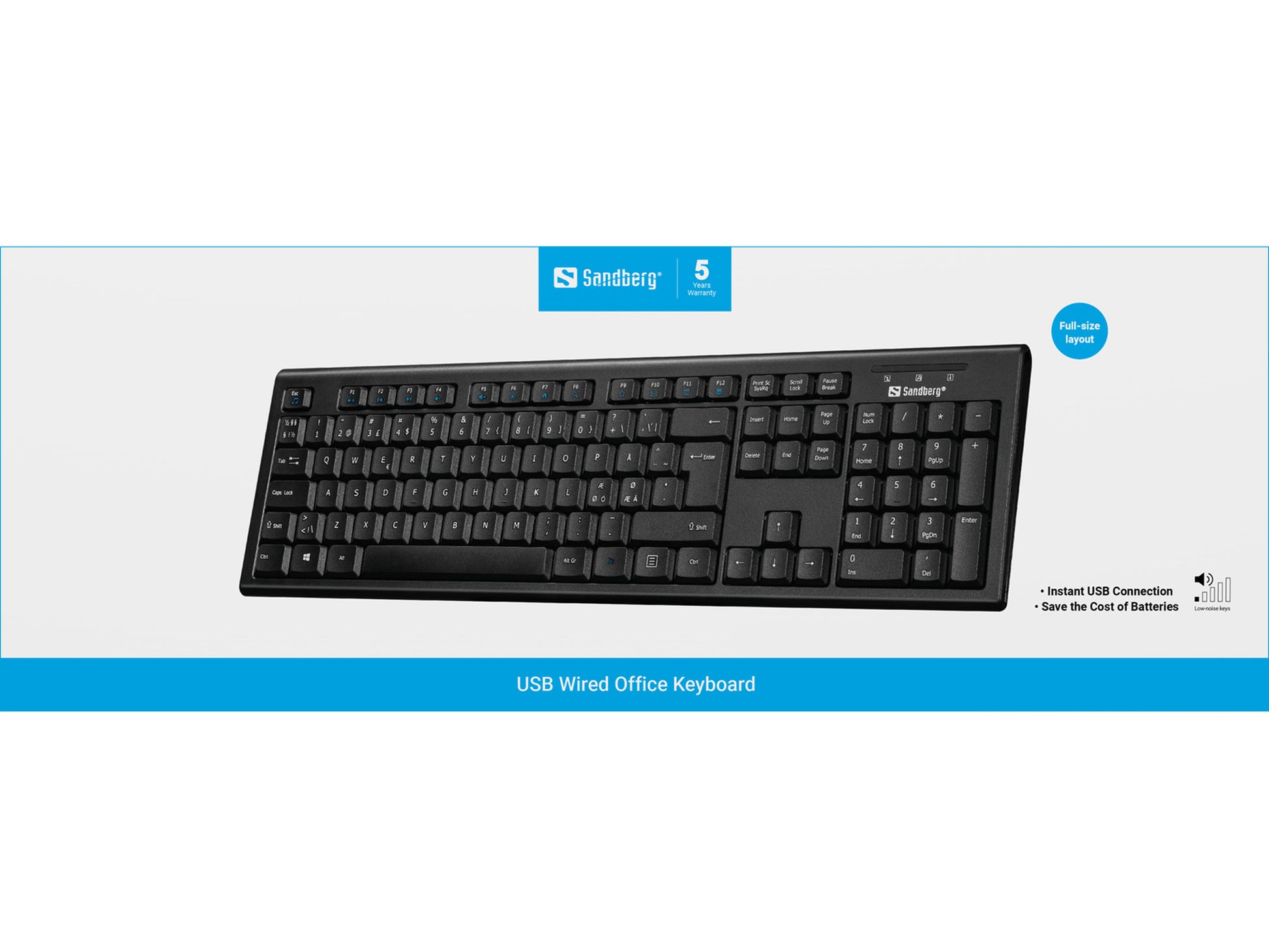 Sandberg Nord – Tastatur, kabelgebunden (USB-A), Fullsize (mit Ziffernblock), schwarz