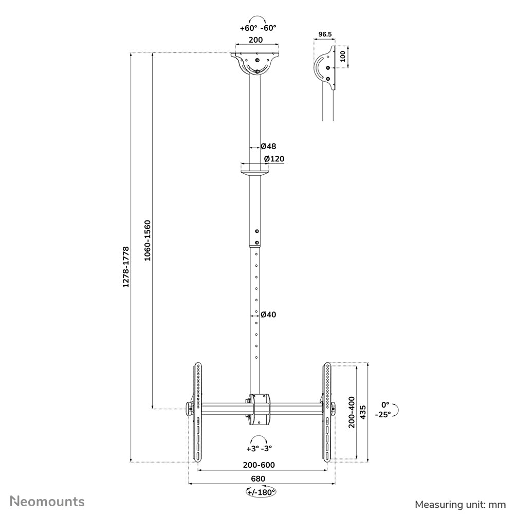 Neomounts Deckenhalterung – CL35-440BL16L, 37–70", H 106–156 cm