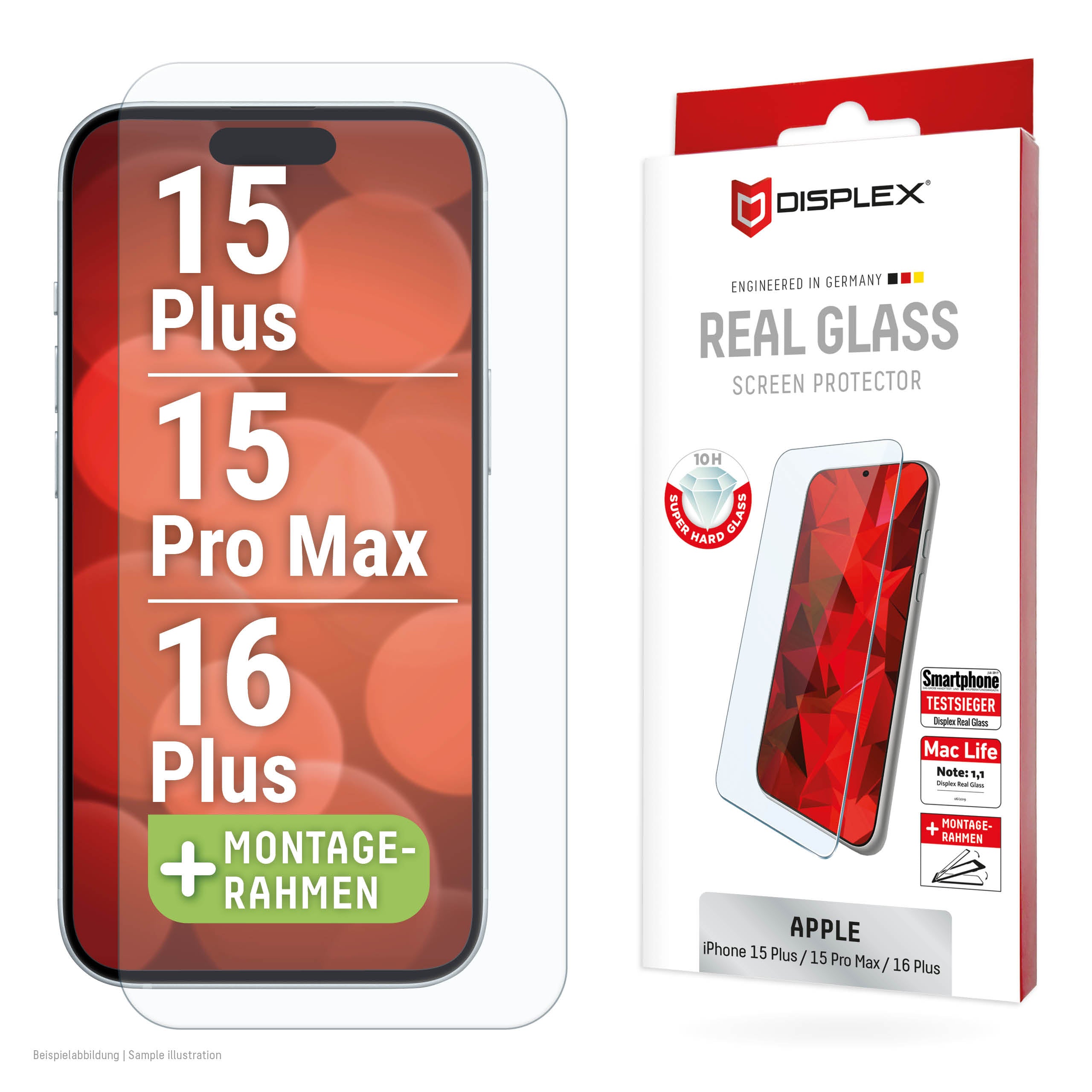Displex Displayschutz (Panzerglas), 10H – für iPhone 15 Plus/15 Pro Max/16 Plus – mit Applikator