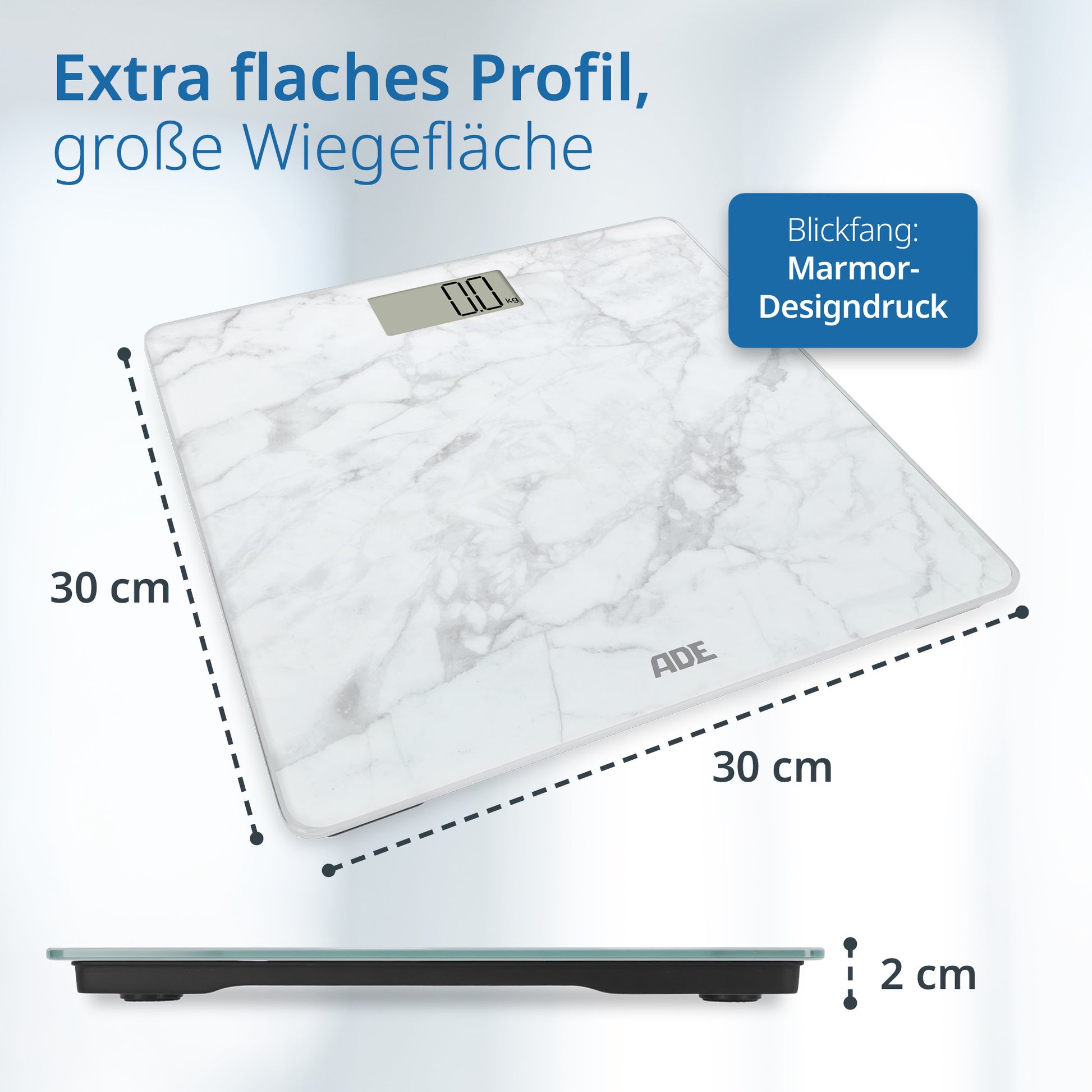ADE Paketwaage BE2306-5 – Tragkraft 180 kg, Teilung 100 g, Wiegefläche 30 × 30 cm, Batterie, Sicherheitsglas