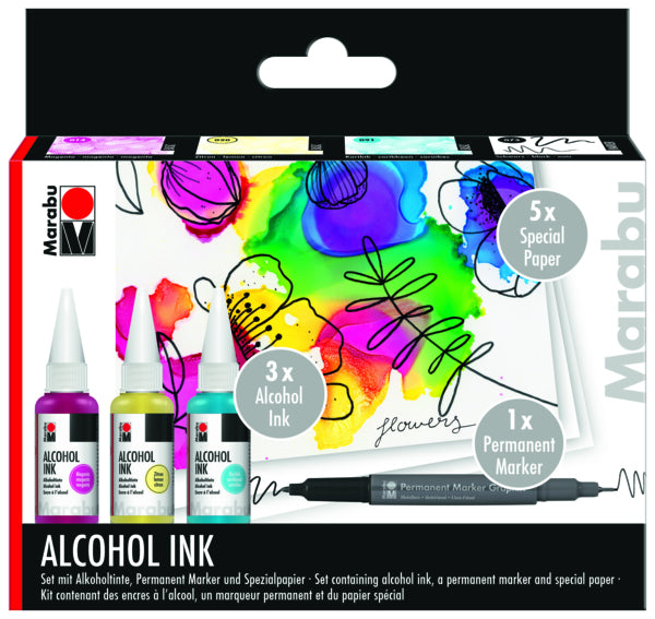 Marabu FLOWERS Alcohol Ink-Set – 3 Farben – 3×20 ml (60 ml) – inkl. Marker, 5×Spezialpapier A6