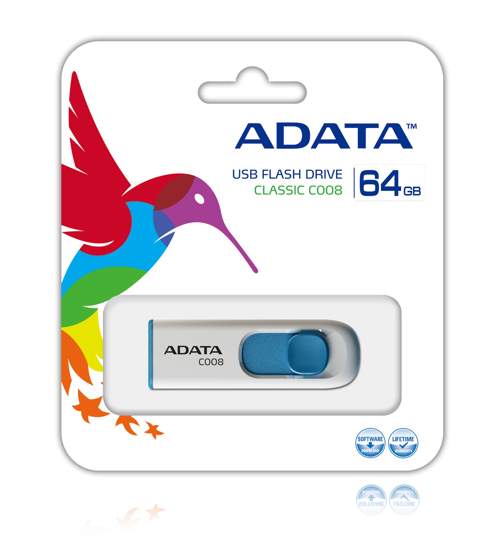 ADATA C008 USB-Stick 64 GB – USB-A 2.0, Diamant, Blau, Weiss