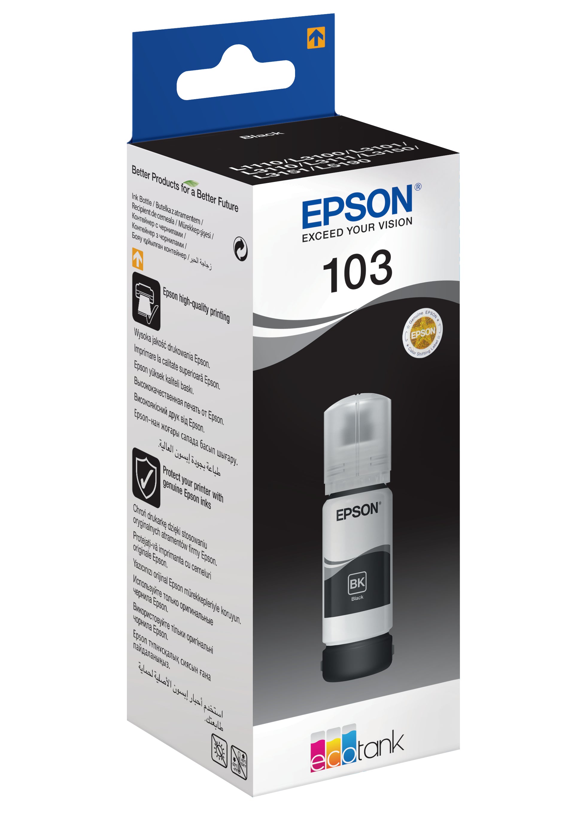 Epson 103 Schwarz Tintenpatrone (Original) – 70 ml – für Epson L1110, L3100/3101, L3110/3111 …