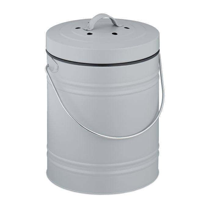 Relaxdays Komposteimer 10051223_111 – 5 l – Eisen, Oval – Grau – mit Geruchsfilter