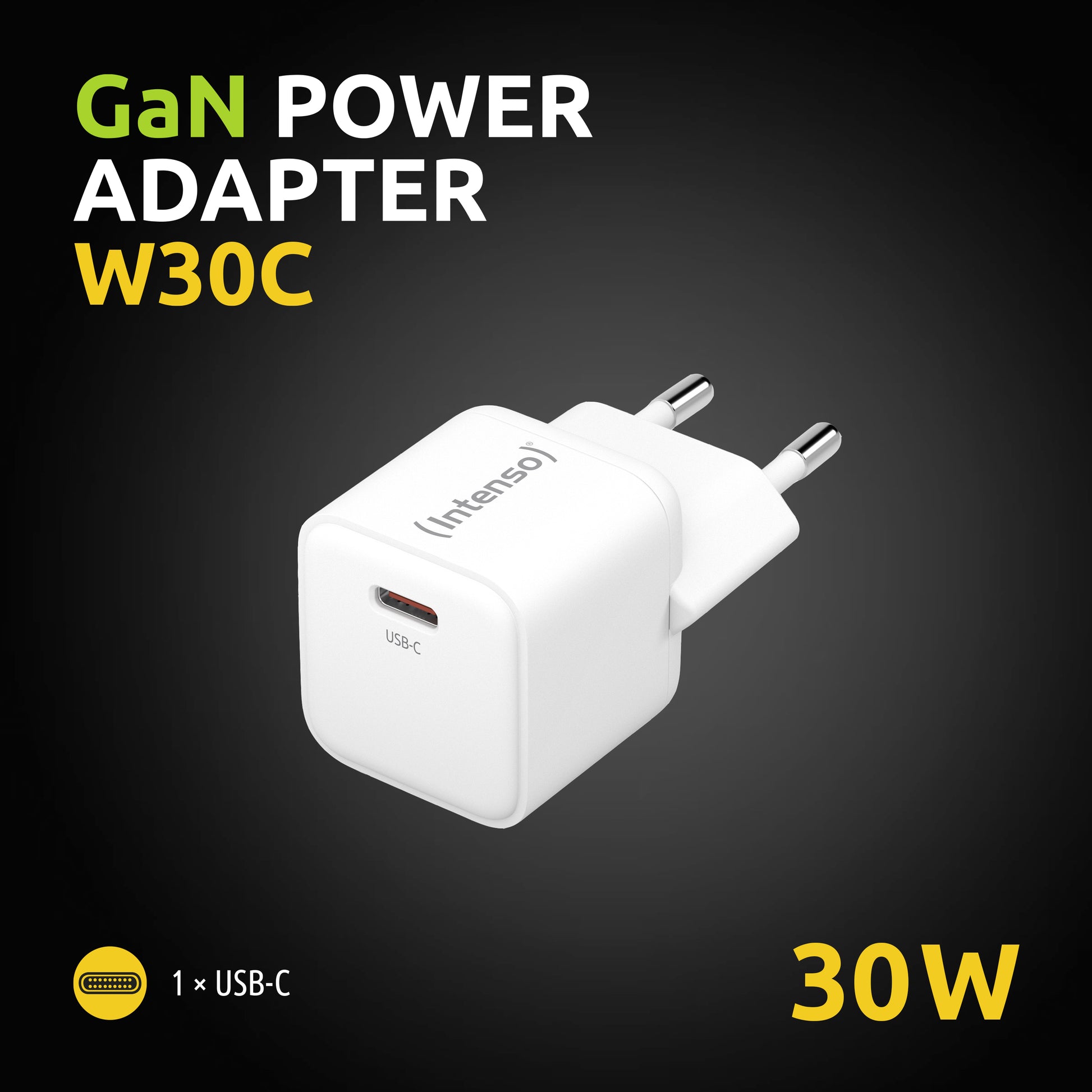 Intenso W30C (7803022) USB-Ladegerät 30 W – USB-C×1, PD, GaN, EU-Stecker (Typ C) – Weiss