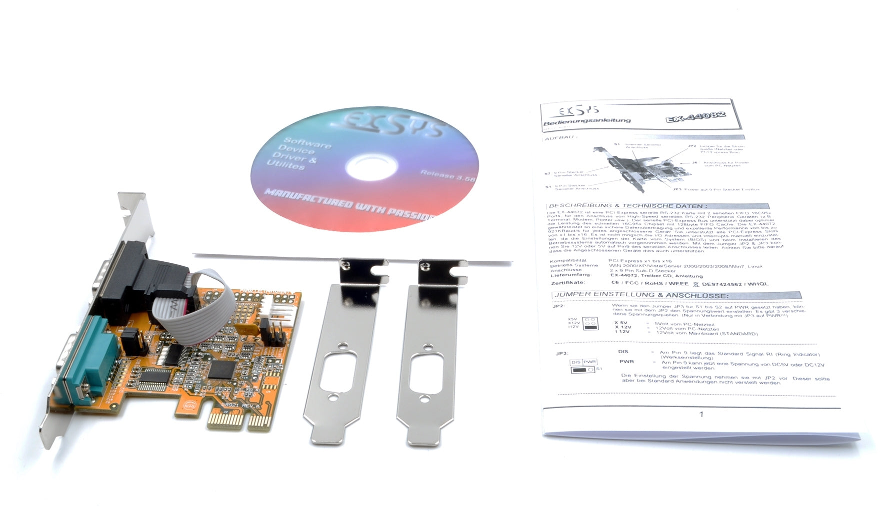 EXSYS EX-44082 PCIe x1 Karte – 2× RS-232 (DB-9), bis 921,6 Kbit/s – Low-Profile – für PC/Server