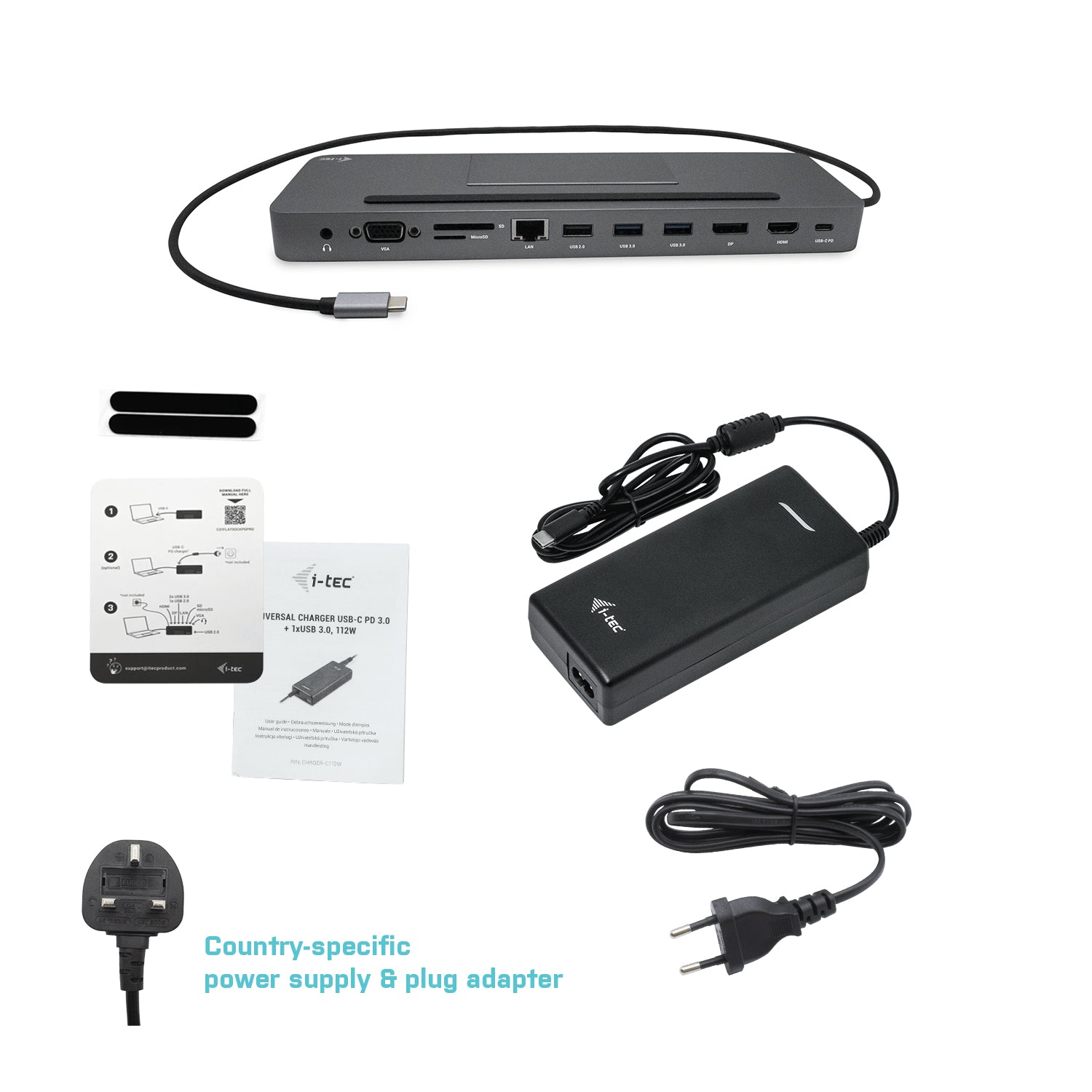 i-tec Dockingstation – USB-C, 1× DP, 1× HDMI, 1× VGA, 4× USB-A, 85 W PD, GbE, für Windows/Mac/Linux