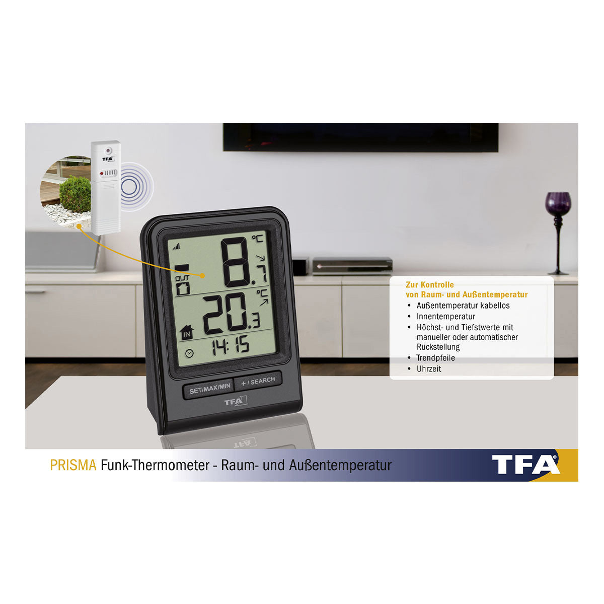 TFA-Dostmann TFA Dostmann PRISMA – Thermometer, innen/aussen, Uhrfunktion – schwarz