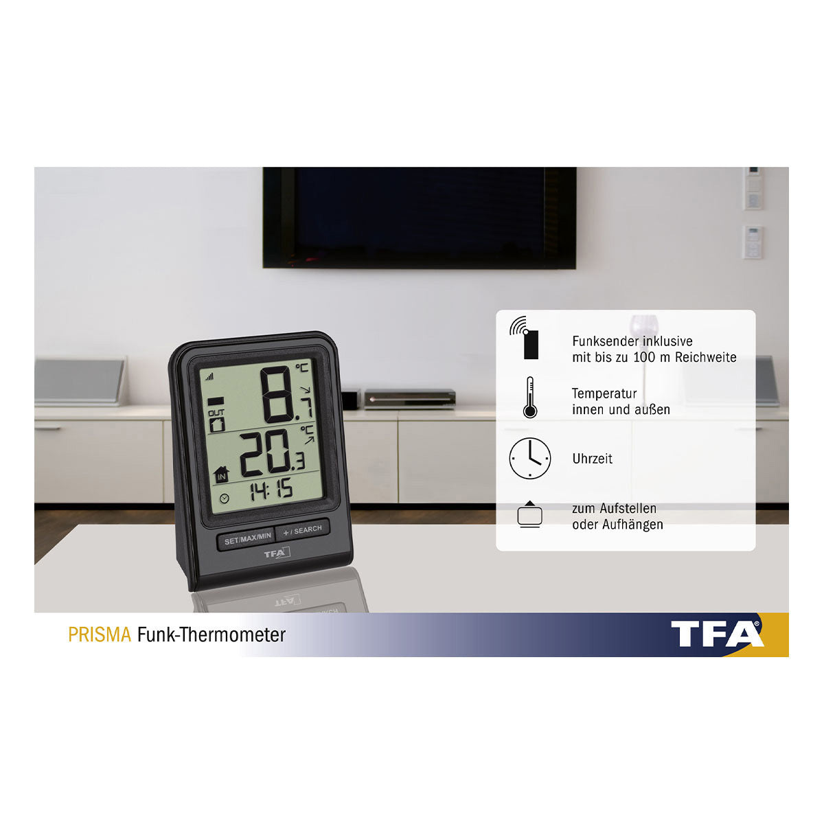 TFA-Dostmann TFA Dostmann PRISMA – Thermometer, innen/aussen, Uhrfunktion – schwarz