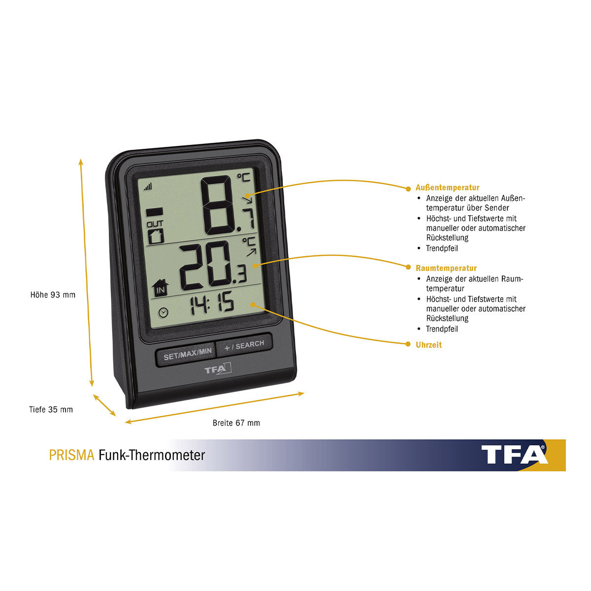 TFA-Dostmann TFA Dostmann PRISMA – Thermometer, innen/aussen, Uhrfunktion – schwarz