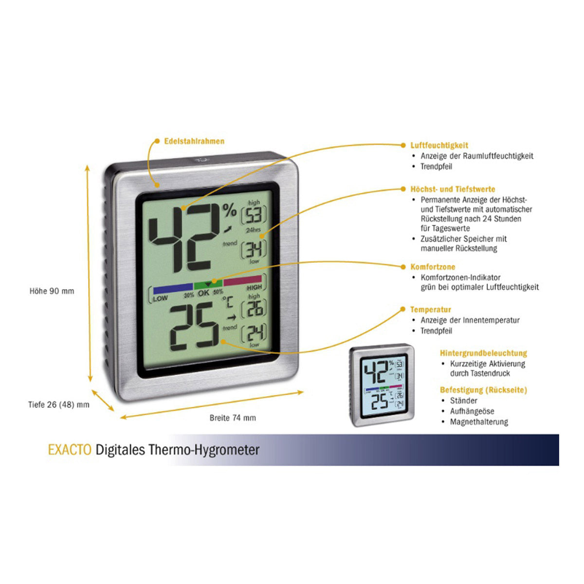 TFA-Dostmann TFA Dostmann EXACTO Thermo-/Hygrometer – -20 bis +70 °C