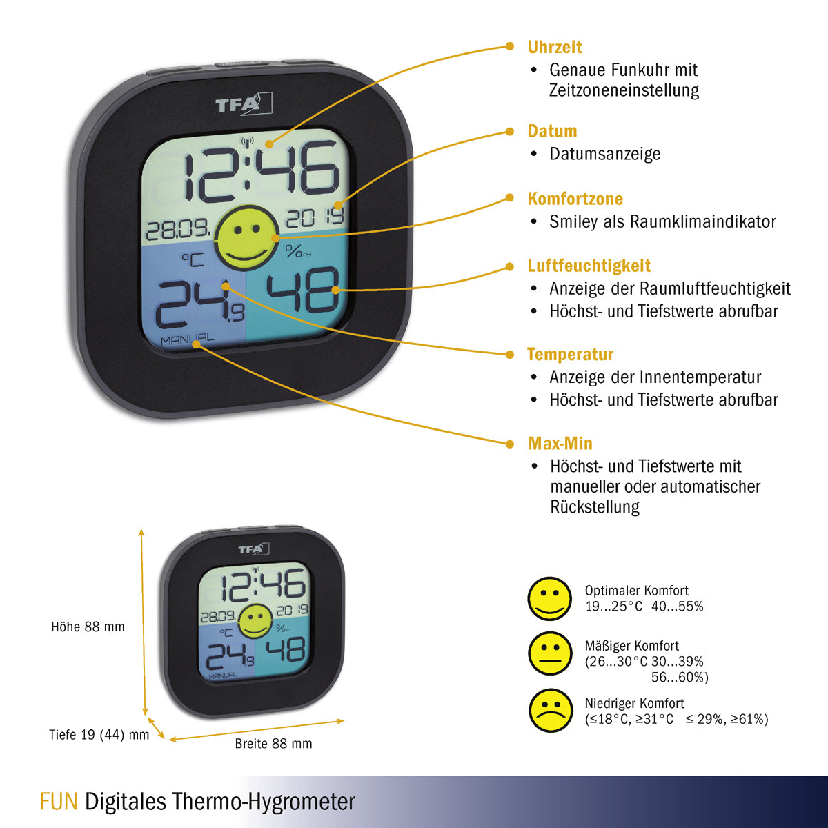 TFA-Dostmann TFA Dostmann FUN – Thermo-/Hygrometer, Digitalanzeige, 2× AAA – schwarz