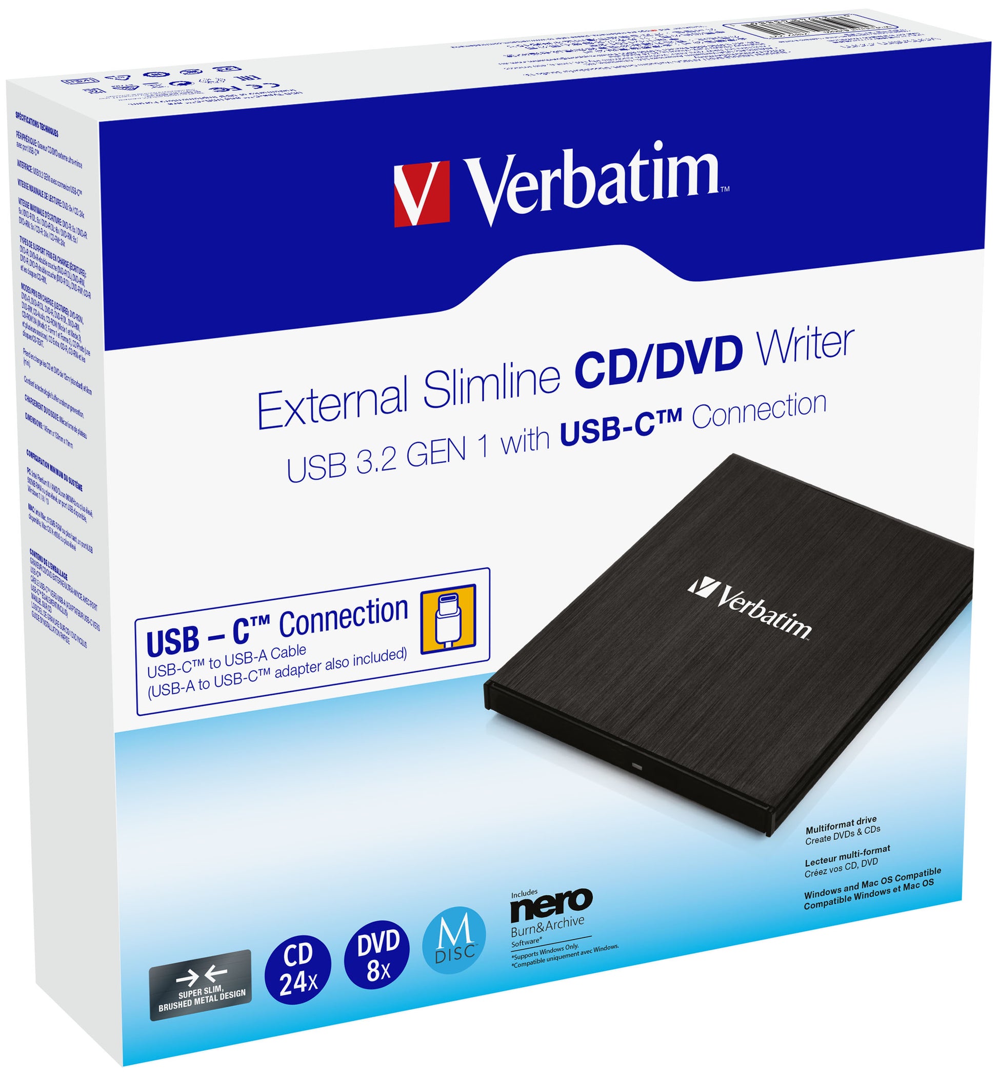 Verbatim Externes CD/DVD-Brenner, USB-C 3.2 Gen 1, 1,5 Gbit/s