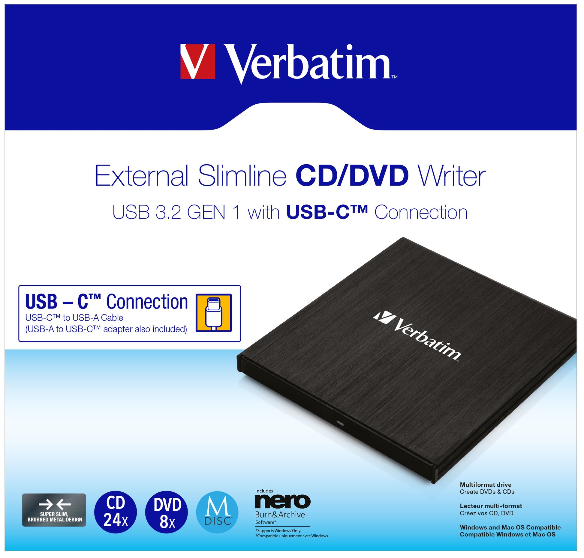 Verbatim Externes CD/DVD-Brenner, USB-C 3.2 Gen 1, 1,5 Gbit/s