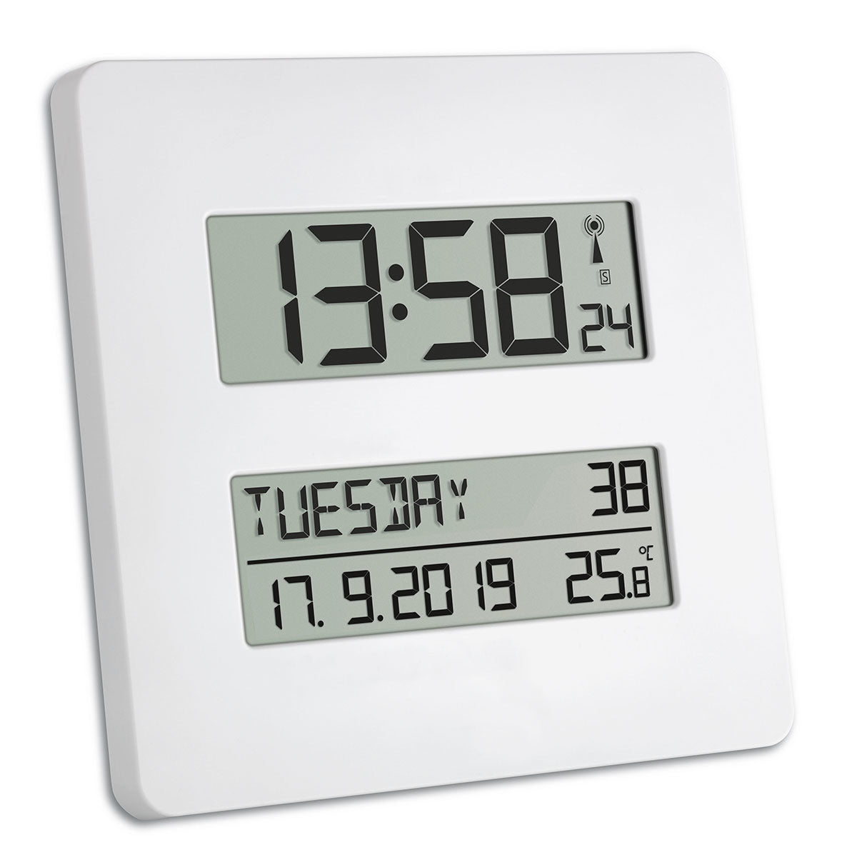 TFA-Dostmann TFA Dostmann Tischuhr – Digital, Funk, Thermometer, 19,5 × 19,5 × 2,7 cm, Weiss, Kunststoff