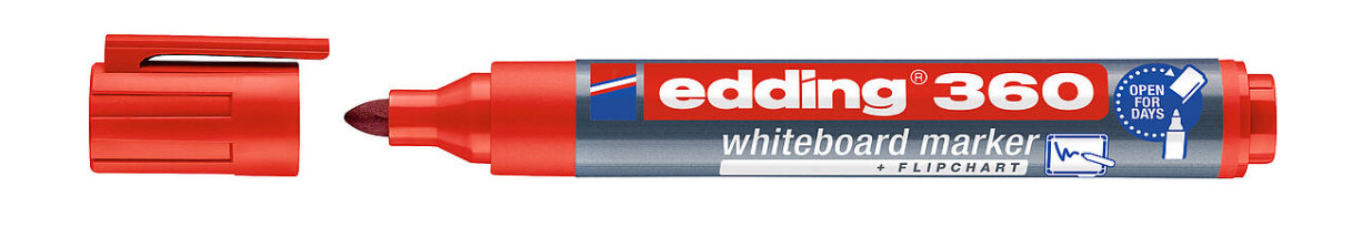 Edding 360-2 Whiteboard-Marker – Rundspitze 1,5–3 mm, rot, trocken abwischbar, Cap-Off – für Whiteboards