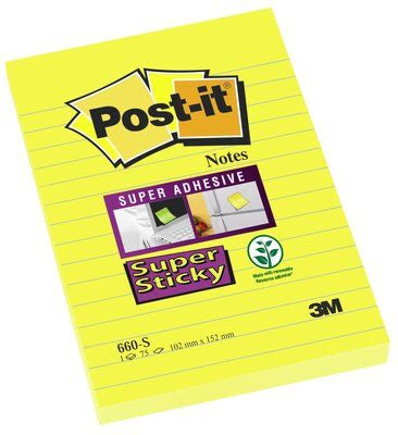 Post-it Super Sticky Haftnotizen – 102 × 152 mm – gelb, liniert, 75 Blatt/Block