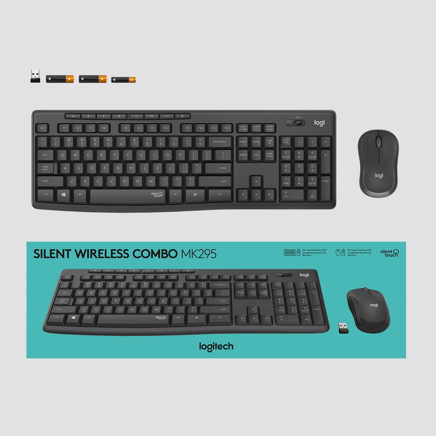 Logitech MK295 – Tastatur, kabellos (2,4 GHz), US-Layout (EN), Fullsize (mit Ziffernblock), Membran, Graphit