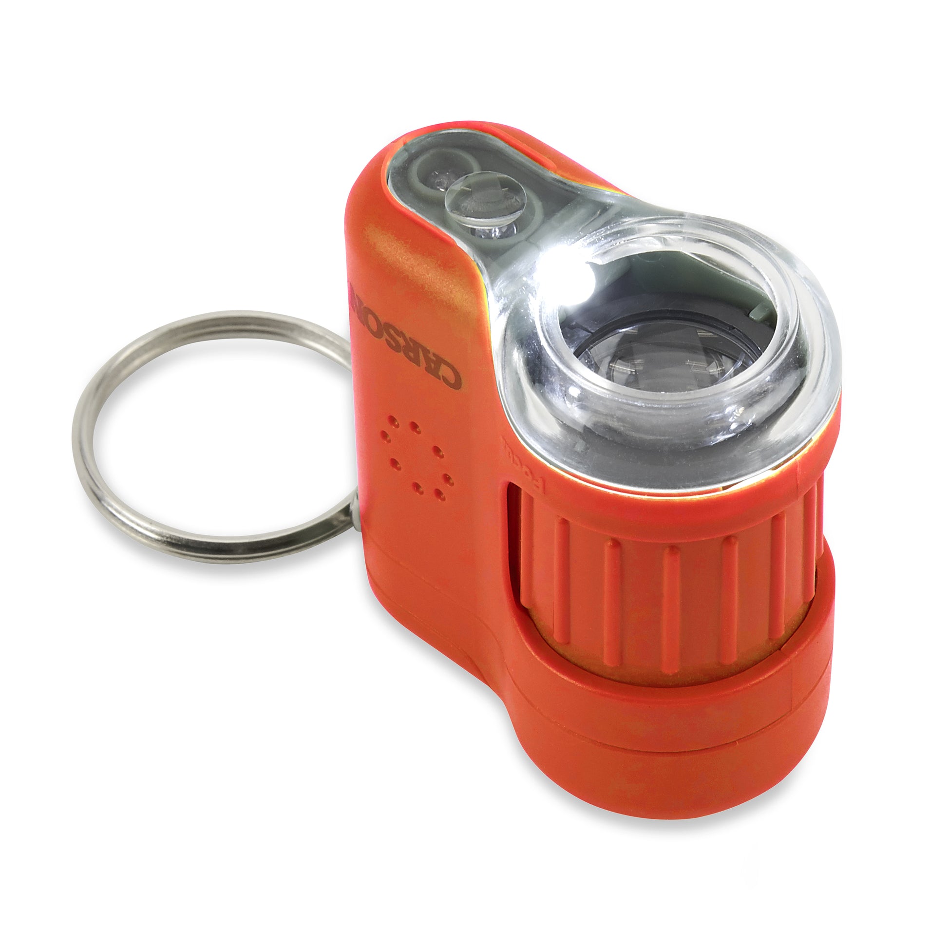 Carson MicroMini Taschenmikroskop – 20×, LED+UV, mit Schlüsselring, Orange