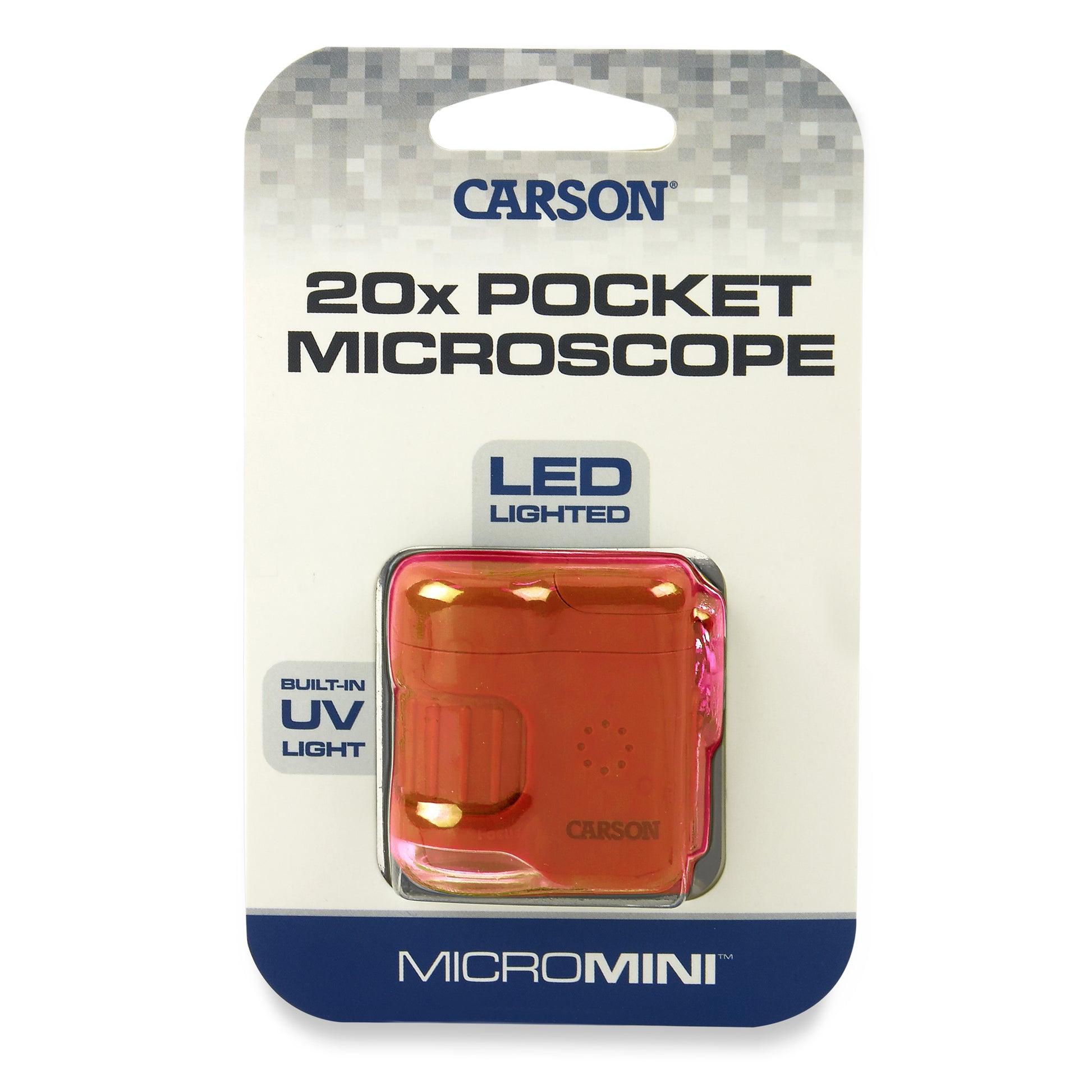 Carson MicroMini Taschenmikroskop – 20×, LED+UV, mit Schlüsselring, Orange