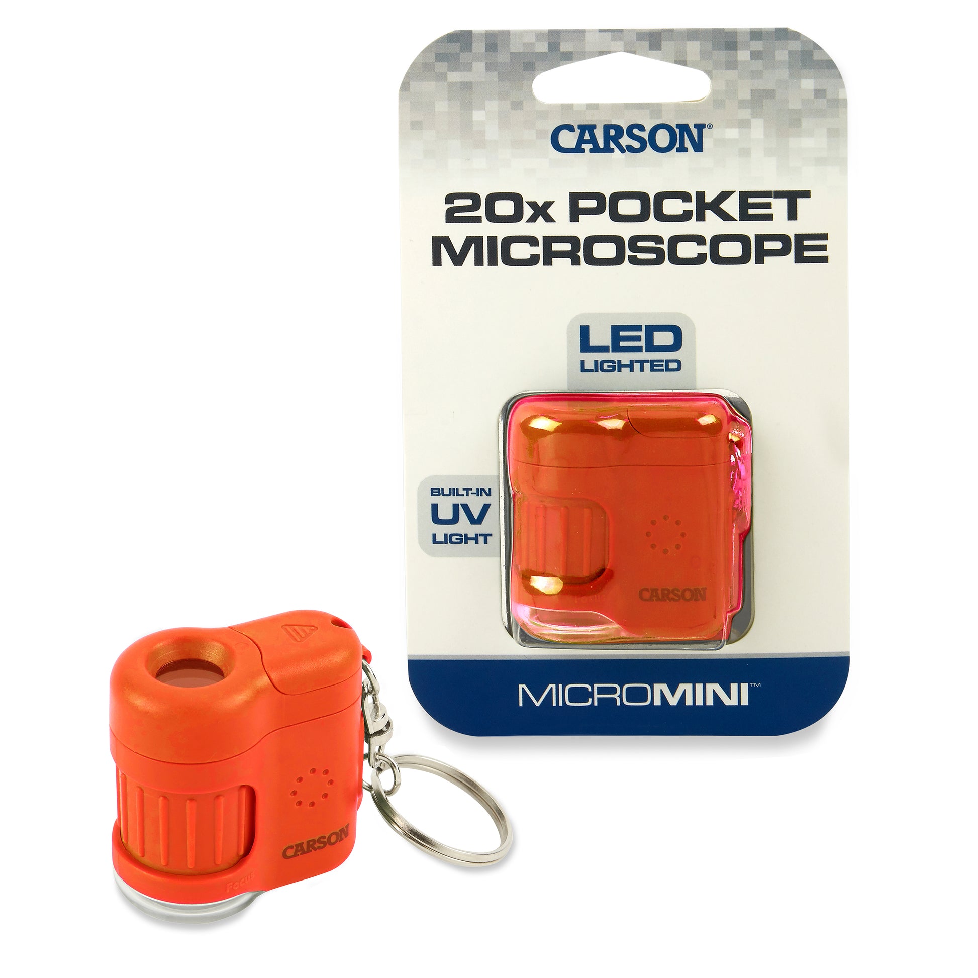 Carson MicroMini Taschenmikroskop – 20×, LED+UV, mit Schlüsselring, Orange