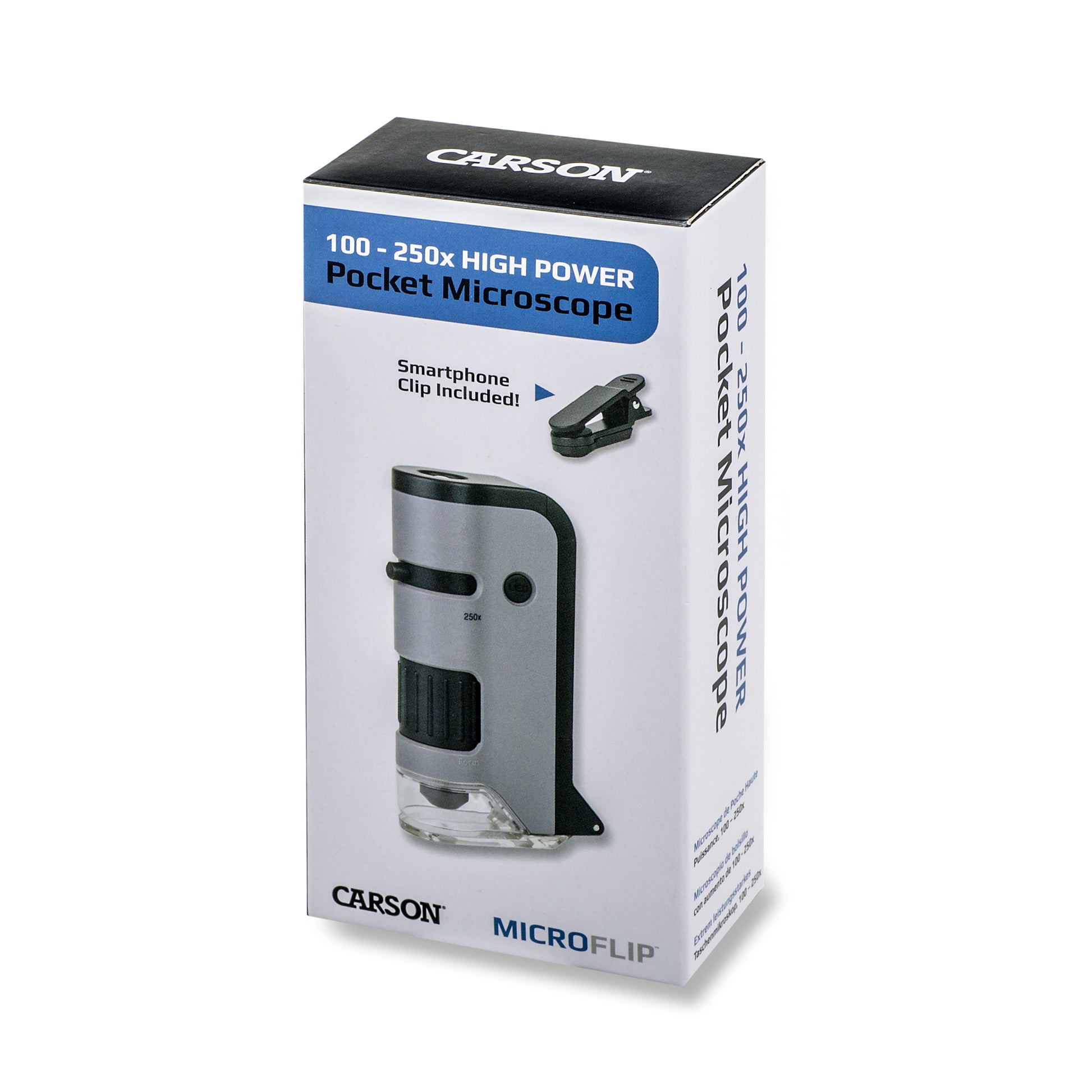Carson MicroFlip Taschenmikroskop – 100–250×, LED+UV, mit Smartphone-Adapter, grau