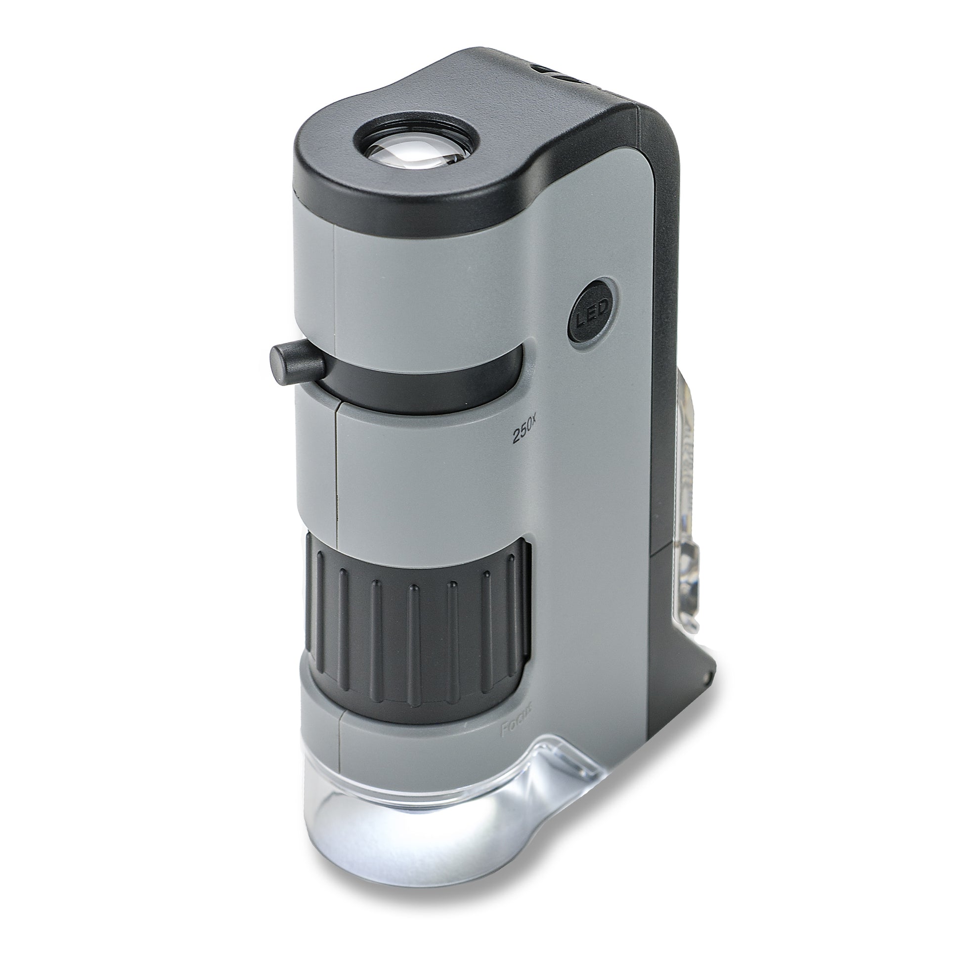 Carson MicroFlip Taschenmikroskop – 100–250×, LED+UV, mit Smartphone-Adapter, grau