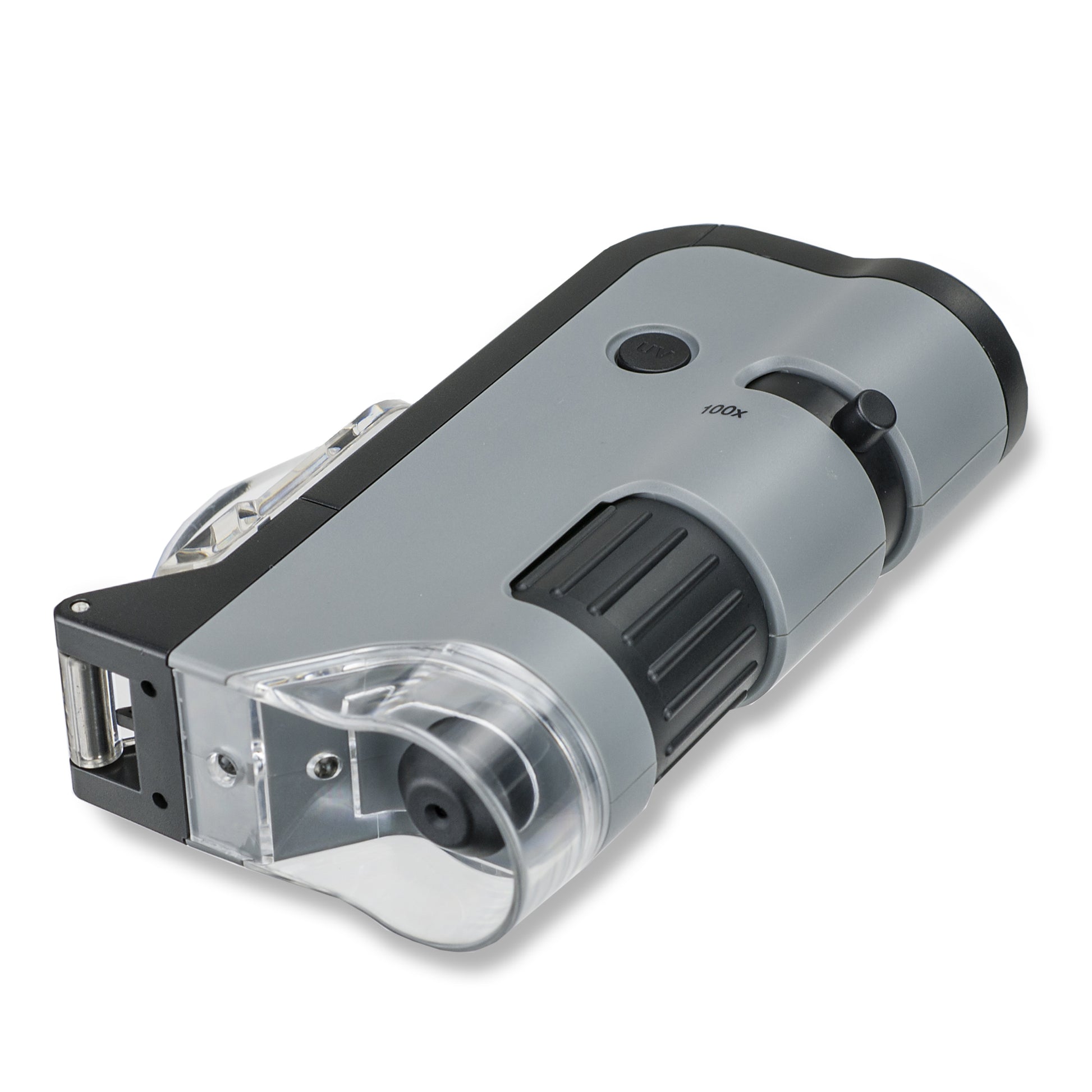 Carson MicroFlip Taschenmikroskop – 100–250×, LED+UV, mit Smartphone-Adapter, grau