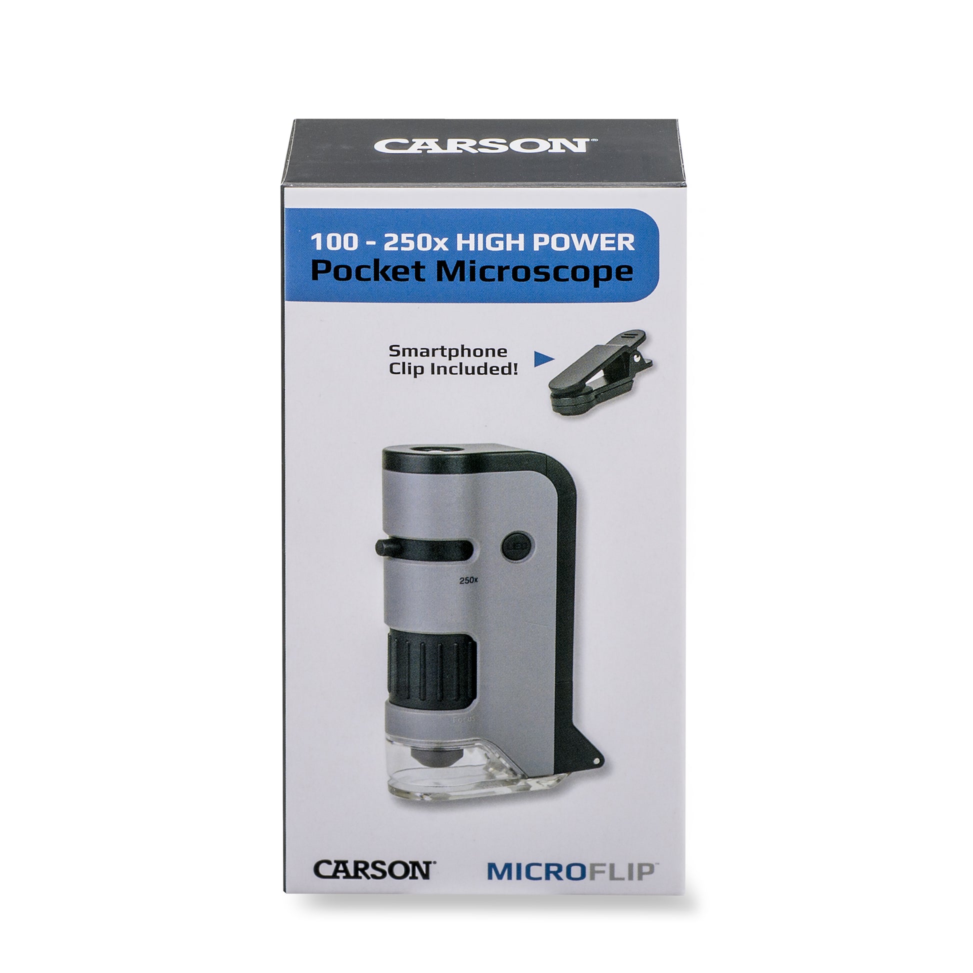 Carson MicroFlip Taschenmikroskop – 100–250×, LED+UV, mit Smartphone-Adapter, grau
