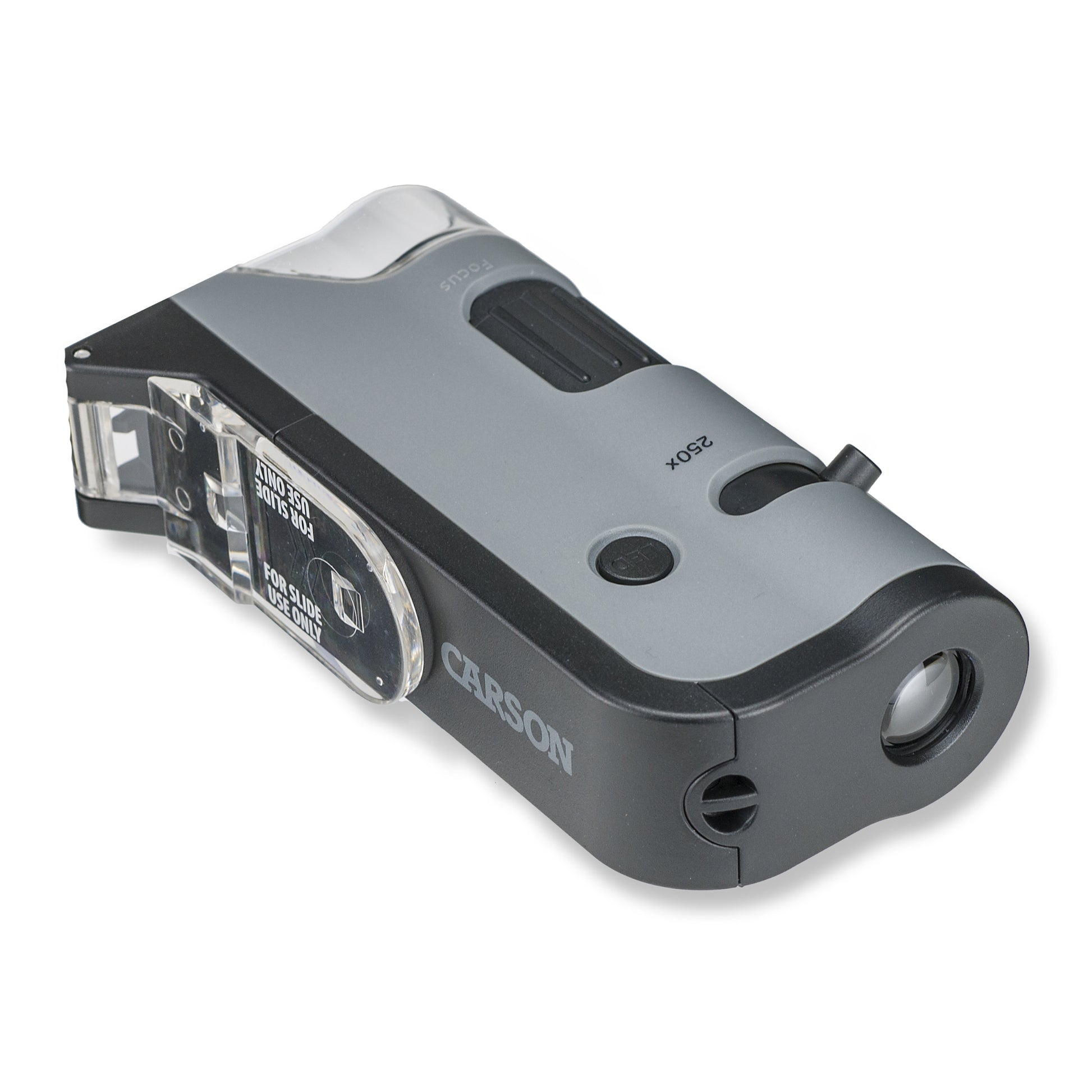 Carson MicroFlip Taschenmikroskop – 100–250×, LED+UV, mit Smartphone-Adapter, grau