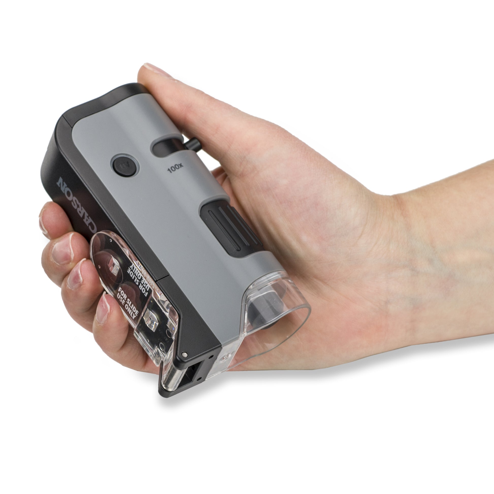 Carson MicroFlip Taschenmikroskop – 100–250×, LED+UV, mit Smartphone-Adapter, grau