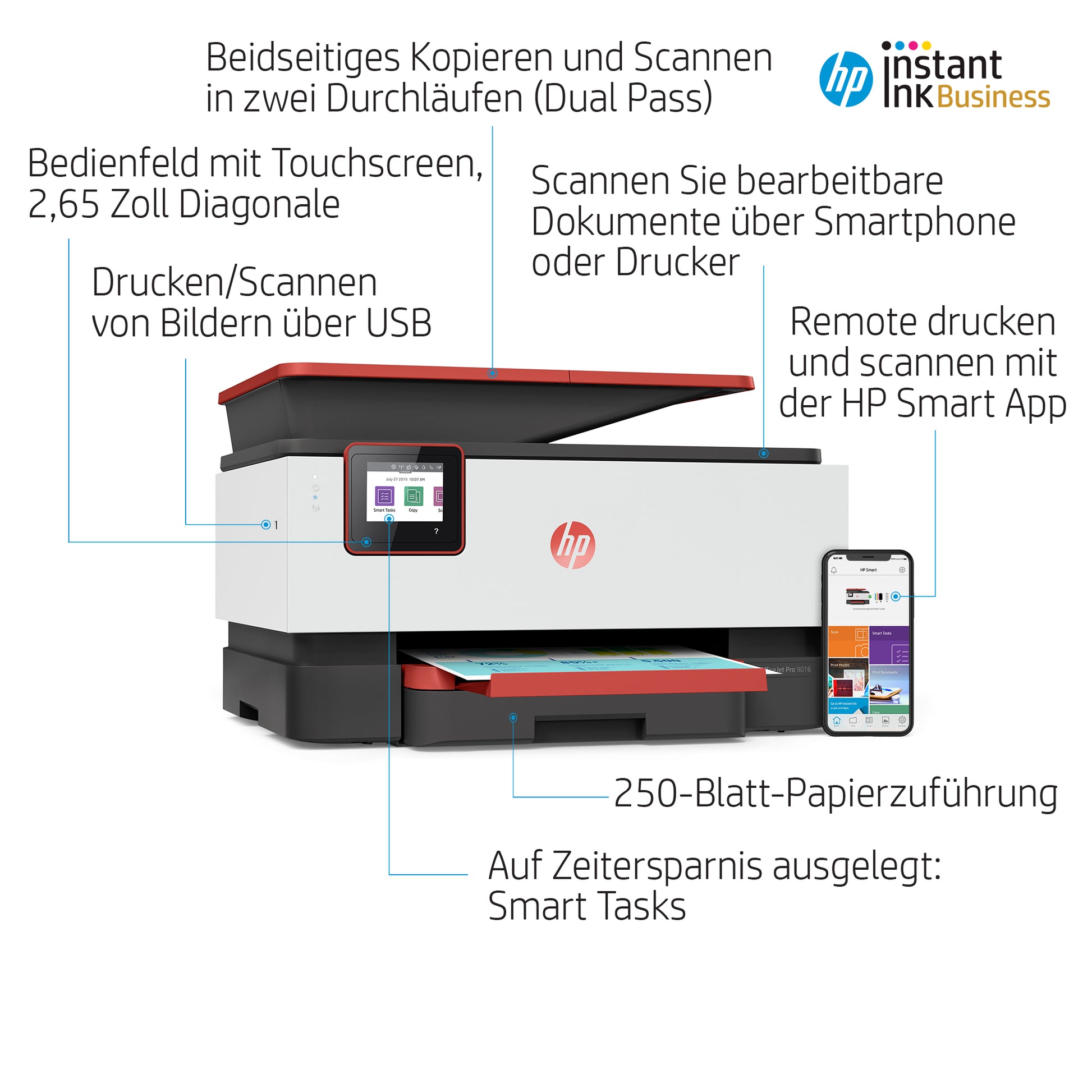 HP OfficeJet Pro 9016 – Farbtintenstrahl-Multifunktionsdrucker, A4, 4-in-1, Duplex, ADF, WLAN/LAN, AirPrint